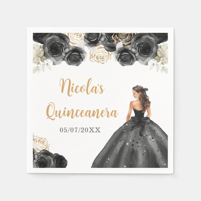 BlumenPrinzessin in Schwarz-Kleid Quinceanera Serviette (Vorderseite)