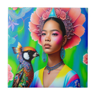 Blumenprinzessin mit Vogel Fliese