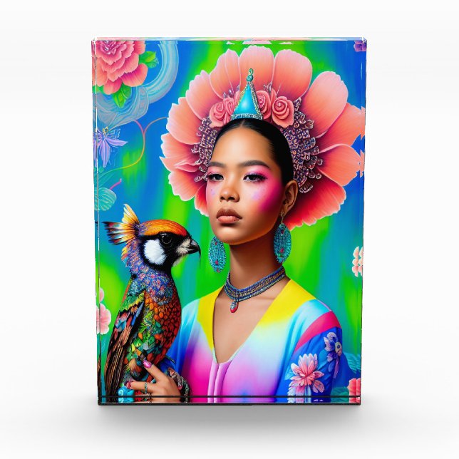 Blumenprinzessin mit Vogel Fotoblock (Vorderseite)