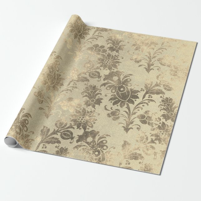 Blumenpulver Grungy Damask Sepia Champagne Gold Geschenkpapier (Ungerollt)