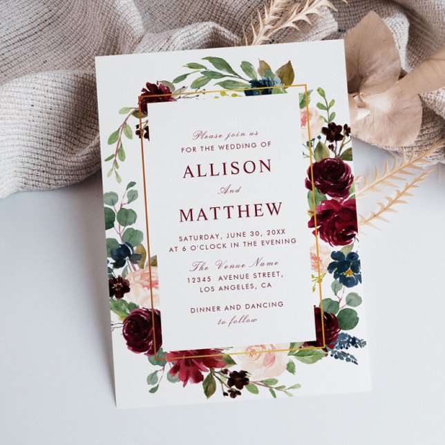 Blumenrahmen Aquarell Bordeaux blüht Hochzeit Einladung (Von Creator hochgeladen)