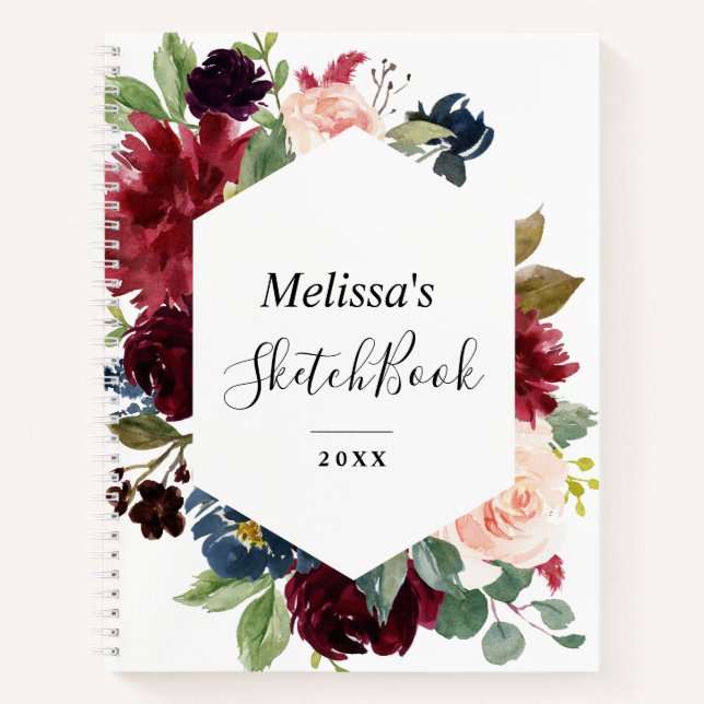 Blumenrahmen Bordeaux-Seeschichte Notizbuch (Vorderseite)