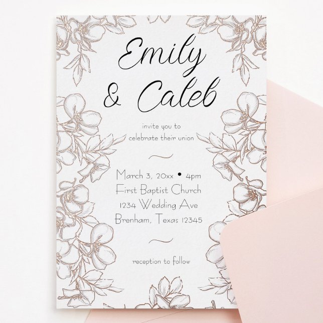 Blumenrahmen Hochzeit Rose Gold Foil Einladung (Rose gold flower frame line art wedding invitation with script writing. Perfect for spring wedding)