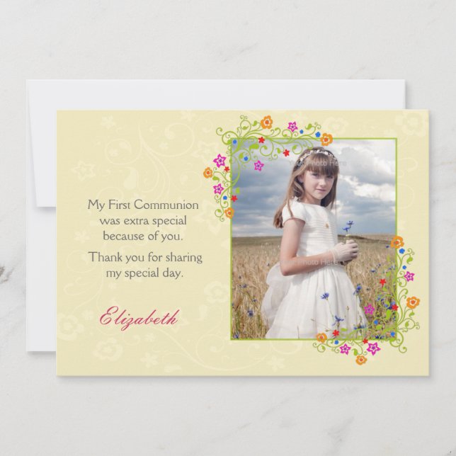 Blumenrahmen im Sommer, gelbes Foto Dankeskarte (Vorderseite)