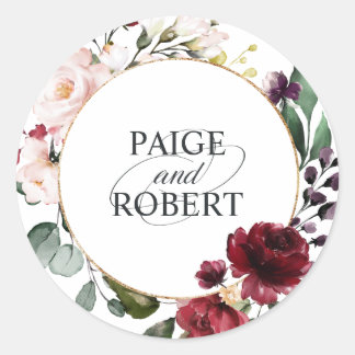 Blumenrahmen in Burgund und Gold Runder Aufkleber