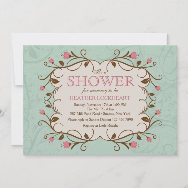 Blumenrahmen in rosa Einladung (Vorderseite)