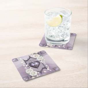 Blumenrahmen mit Herz und weißen Rosen Rechteckiger Pappuntersetzer