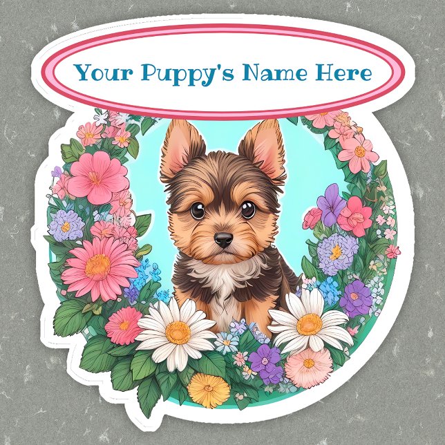 Blumenrahmen mit niedlichem Yorkshire-Stil Aufkleber (Von Creator hochgeladen)