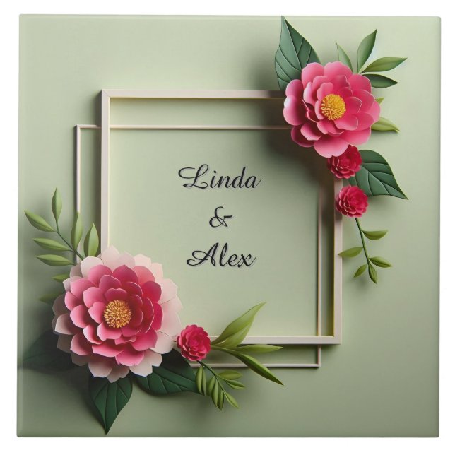 Blumenrahmen mit rosa Blume Fliese (Vorderseite)