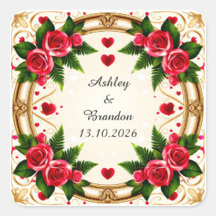 Blumenrahmen mit rosa Rosen Quadratischer Aufkleber