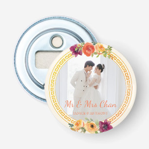 Blumenrahmen Pärchen Foto beige Hochzeit mr & mrs Flaschenöffner
