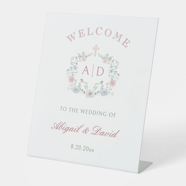 Blumenrahmen Religiöse Hochzeitmonogramme Willkomm Sockelschild (Vorderseite)