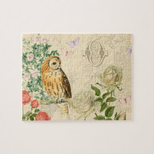 Blumenrätsel mit Eule und schönen Rosen im Vintage Puzzle
