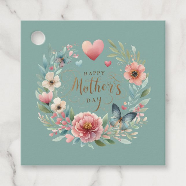 Blumenreath mit einem Schmetterlingstag zum Mutter Geschenkanhänger (Vorderseite)