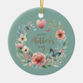 Blumenreath mit einem Schmetterlingstag zum Mutter Keramik Ornament