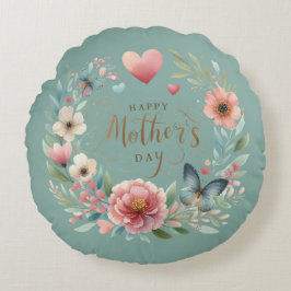 Blumenreath mit einem Schmetterlingstag zum Mutter Rundes Kissen
