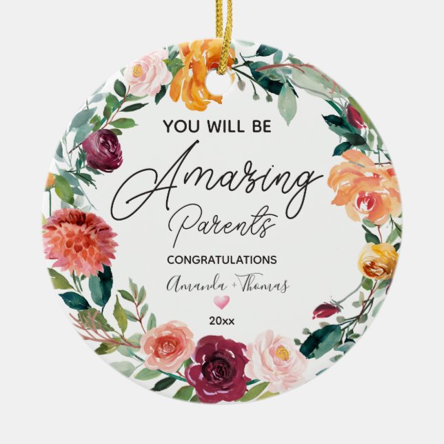 Blumenreath Personalisierte Neueltern Weihnachten Keramik Ornament (Vorne)