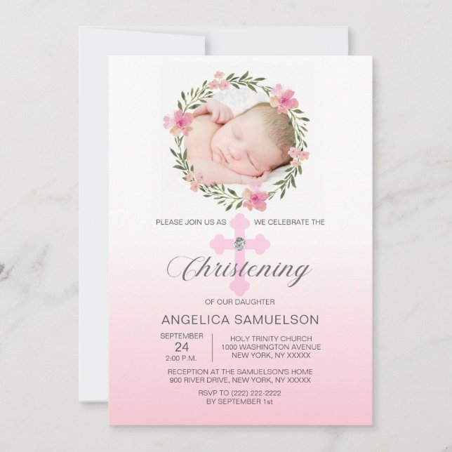 Blumenreath Pink CHRISTENING MIRL | FOTO Einladung (Vorderseite)