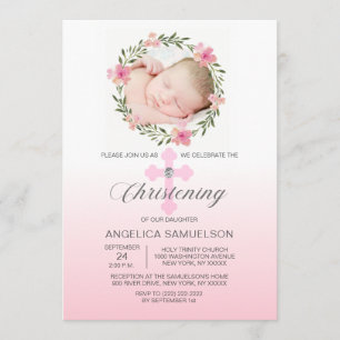 Blumenreath Pink CHRISTENING MIRL FOTO Einladung
