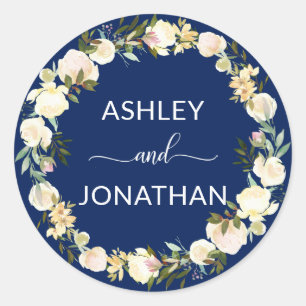 Blumenreath Watercolor Navy Blue Wedding Siegel Runder Aufkleber