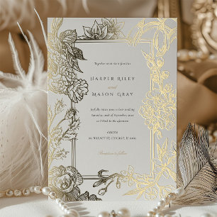 Blumenreich gravierte Goldfolie-Hochzeitseinladung Folieneinladung
