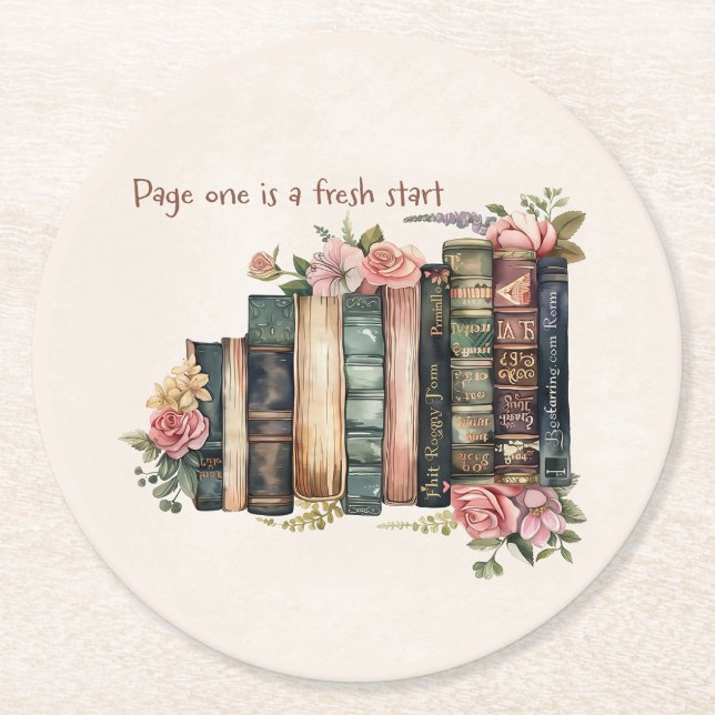 Blumenreiche Vintage-Bücher Runder Pappuntersetzer (Vorderseite)