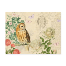 Blumenreiche Vintage-Eulen-Postkarte mit schönen R