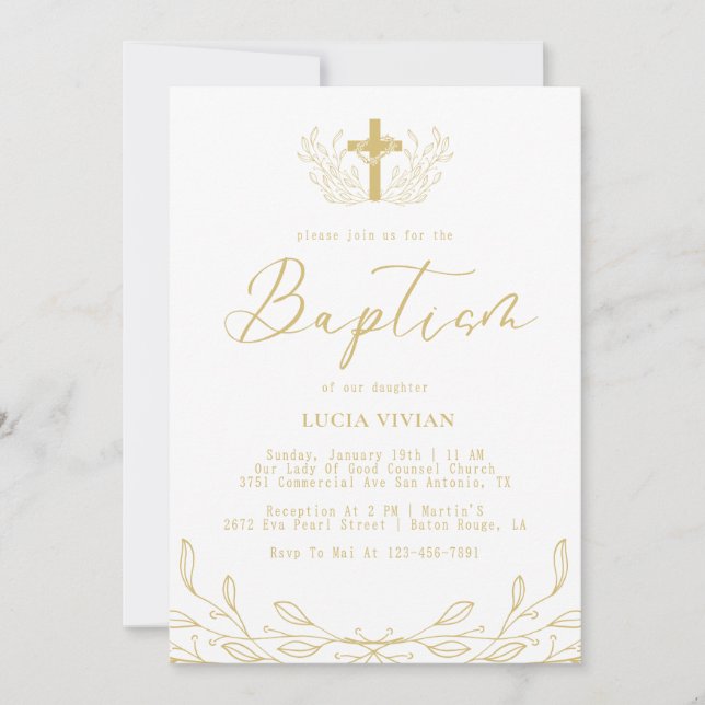 Blumenreihe Golden Cross Minimalistische Taufe Einladung (Vorderseite)