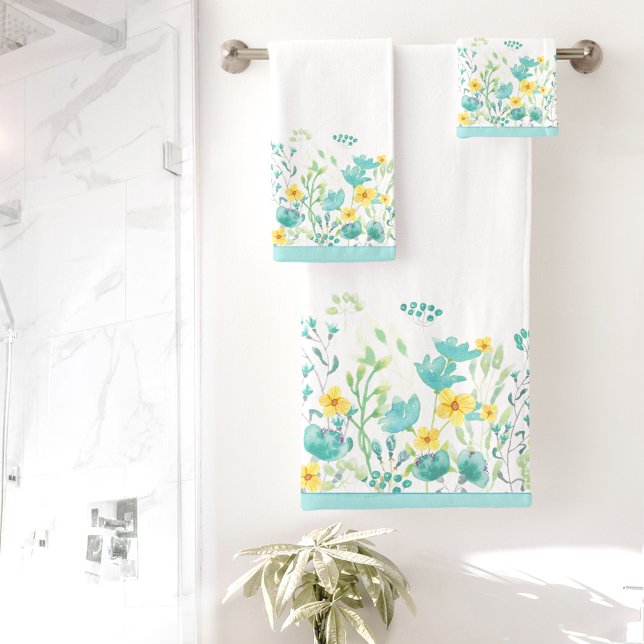 Blumenrinde Türkis Badhandtuch Set (Watercolor Floral Border Turquoise Bath Towel Set)
