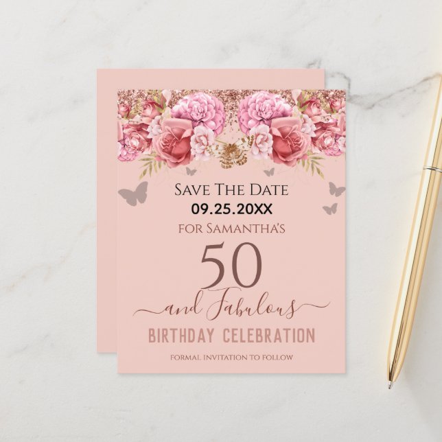 Blumenrosa 50. Geburtstag Save the Date (Vorderseite/Rückseite Beispiel)