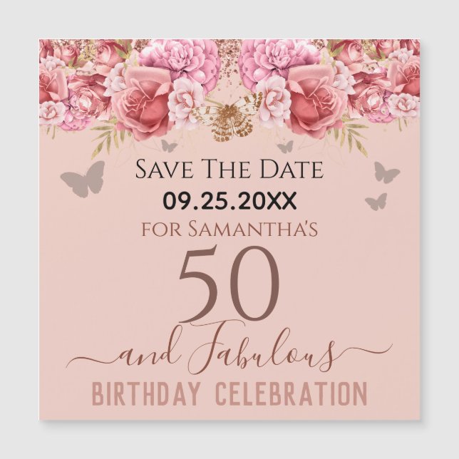 Blumenrosa 50. Geburtstag Speichern Sie das Datum  Magnetkarte (Vorderseite)