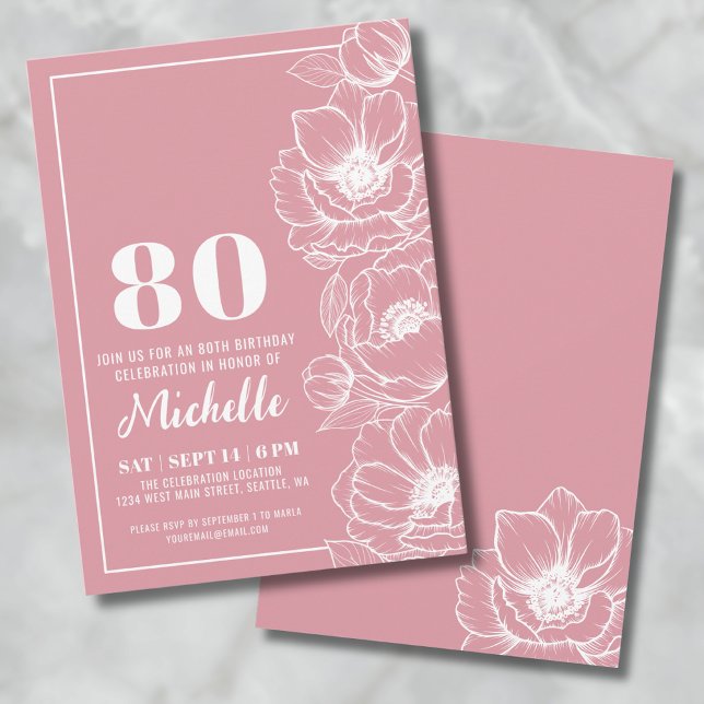 Blumenrosa 80. Geburtstag Einladung (Floral Pink 80th Birthday Invitation)