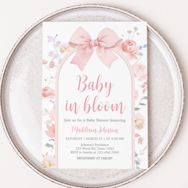Blumenrosa Baby in Bloom Baby Dusche Einladung (Floral Pink Bow Arch Baby in Bloom Baby Shower Invitation)