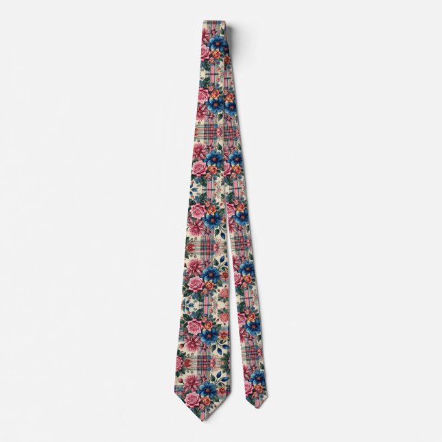 Blumenrosa blau kariert monogrammiert  krawatte (Vorderseite)