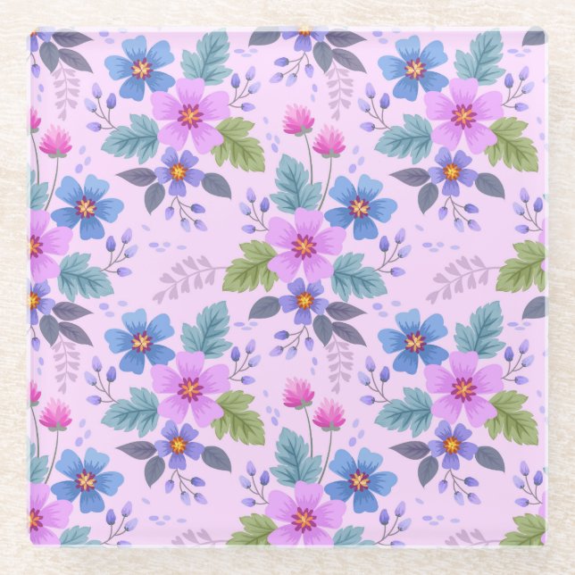 Blumenrosa Blaue violette Blume Muster-36841 Glasuntersetzer (Vorderseite)