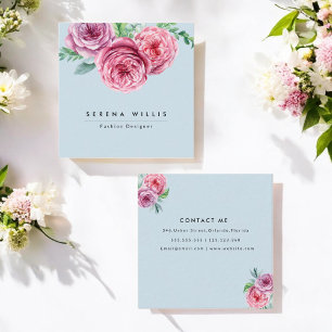 Blumenrosa Blume Einfach Blau Chic Quadratische Visitenkarte