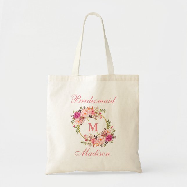 Blumenrosa Blush Gold Circle Monogram Bridesmaid Tragetasche (Vorne)