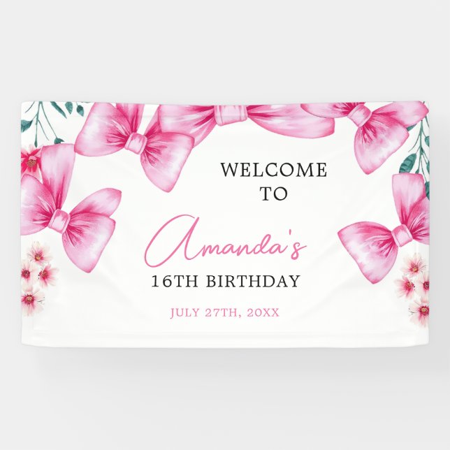 Blumenrosa Bow Coquette Sweet 16 Birthday Banner (Horizontal)