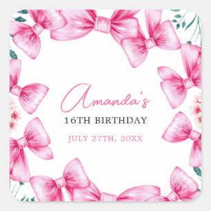 Blumenrosa Bow Coquette Sweet 16 Birthday Quadratischer Aufkleber