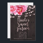 Blumenrosa Braun Rustikales Holz & Lights Süß 16 Einladung<br><div class="desc">Anpassen an Ihr Ereignis</div>