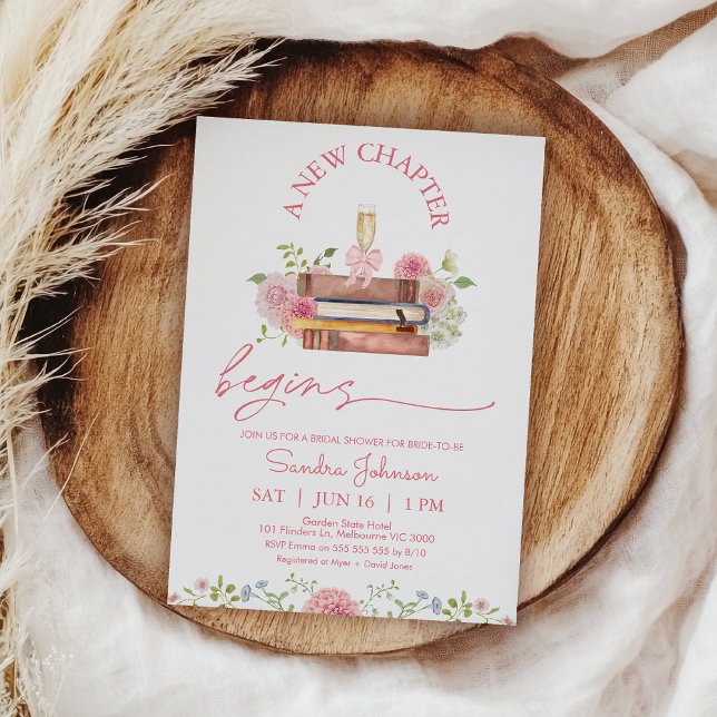 Blumenrosa Ein neues Kapitel beginnt das Brautpart Einladung (A New Chapter Begins bridal Shower Invitation, New Chapter Bridal Shower Invite Template, Floral )