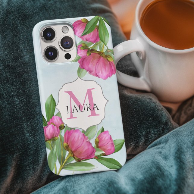 Blumenrosa Einfache Minimalistische Monogramm Case-Mate iPhone Hülle (Pink floral monogram peonies phone case.)