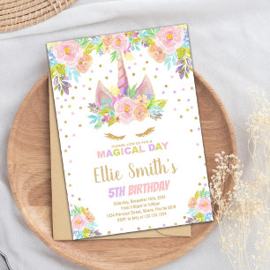 Blumenrosa Einhorn Einladung zum Geburtstag