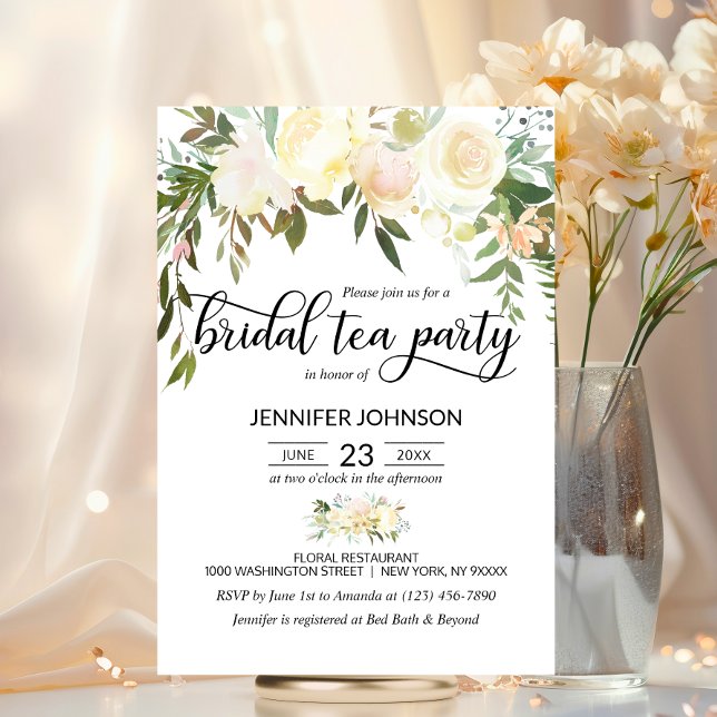 Blumenrosa Elfenbeincreme Brautparty Tee Party Einladung (Floral Pink Ivory Cream Bridal Shower Tea Party Invitation)