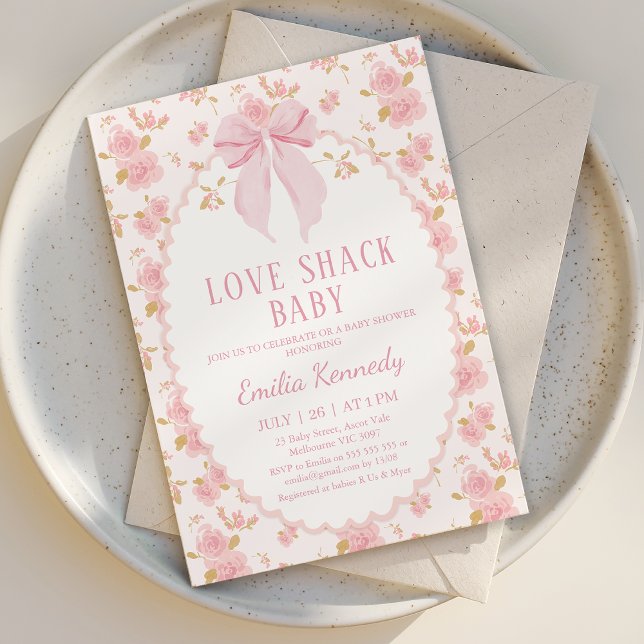 Blumenrosa Extravagante Liebe Shack Baby Dusche Einladung (Love Shack Baby Shower Invitation Template, Love Shack Fancy Baby Shower Invitation Bow Baby Girl)