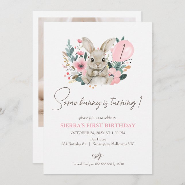 Blumenrosa Foto 1. Geburtstag sonnig Einladung (Vorne/Hinten)