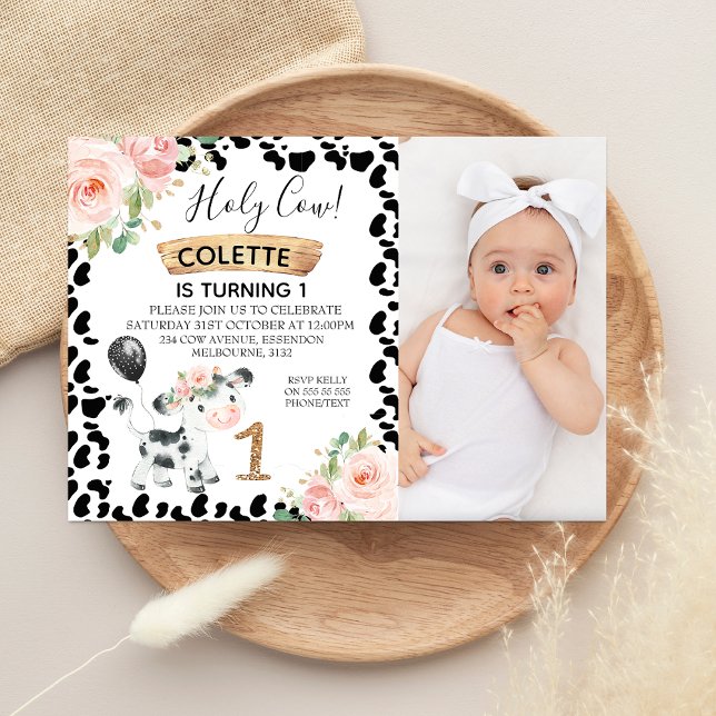 Blumenrosa Foto Schwarze Kuh Print 1. Geburtstag Einladung (Floral Holy Cow First Birthday Invitation Girl Photo, Cow Themed 1st Birthday Invitation Pink Floral)