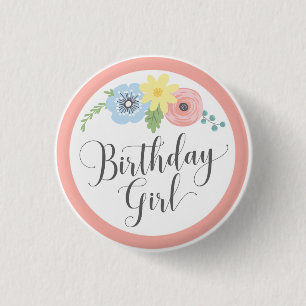 Blumenrosa Geburtstagskind Baby & Kids Party Button