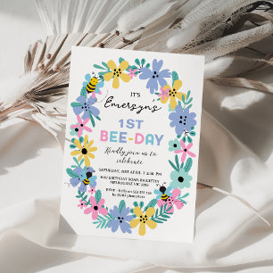 Blumenrosa Gelbe Biene 1. Geburtstag Einladung