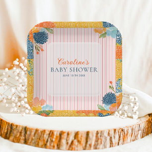 Blumenrosa gestreifte Baby-in-Blüte-Baby-Party Pappteller